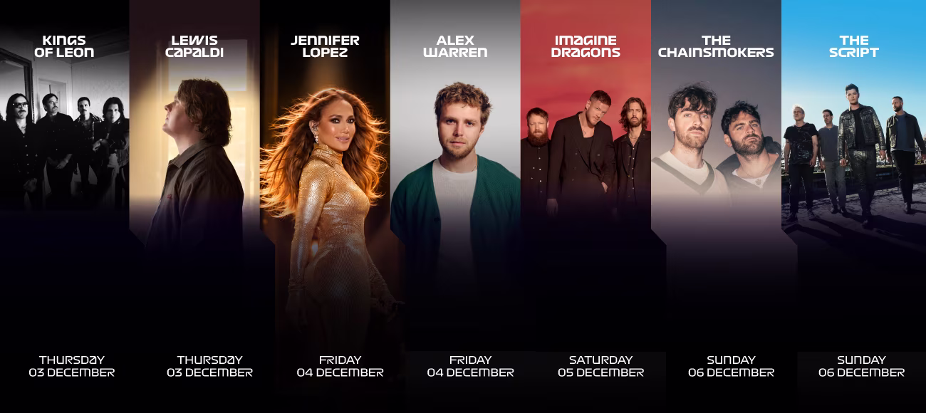Zara Larsson (Thu 03 Dec), Lewis Capaldi (Thu 03 Dec), Imagine Dragons (Sat 05 Dec), The Chainsmokers (Sun 06 Dec) and The Script (Sun 06 Dec)